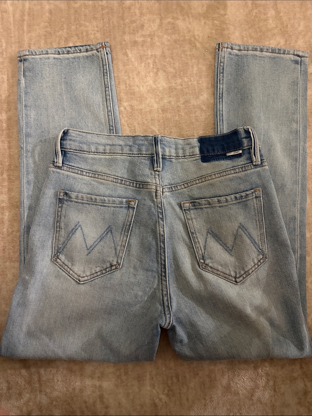 MOTHER Light Blue Straight Leg Jeans with Back Pocket Stitching